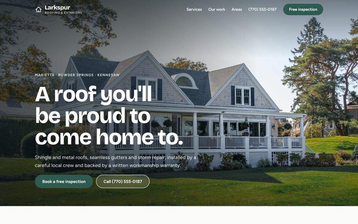 Larkspur Roofing & Exteriors: sitio claro de techos con una foto grande de una casa